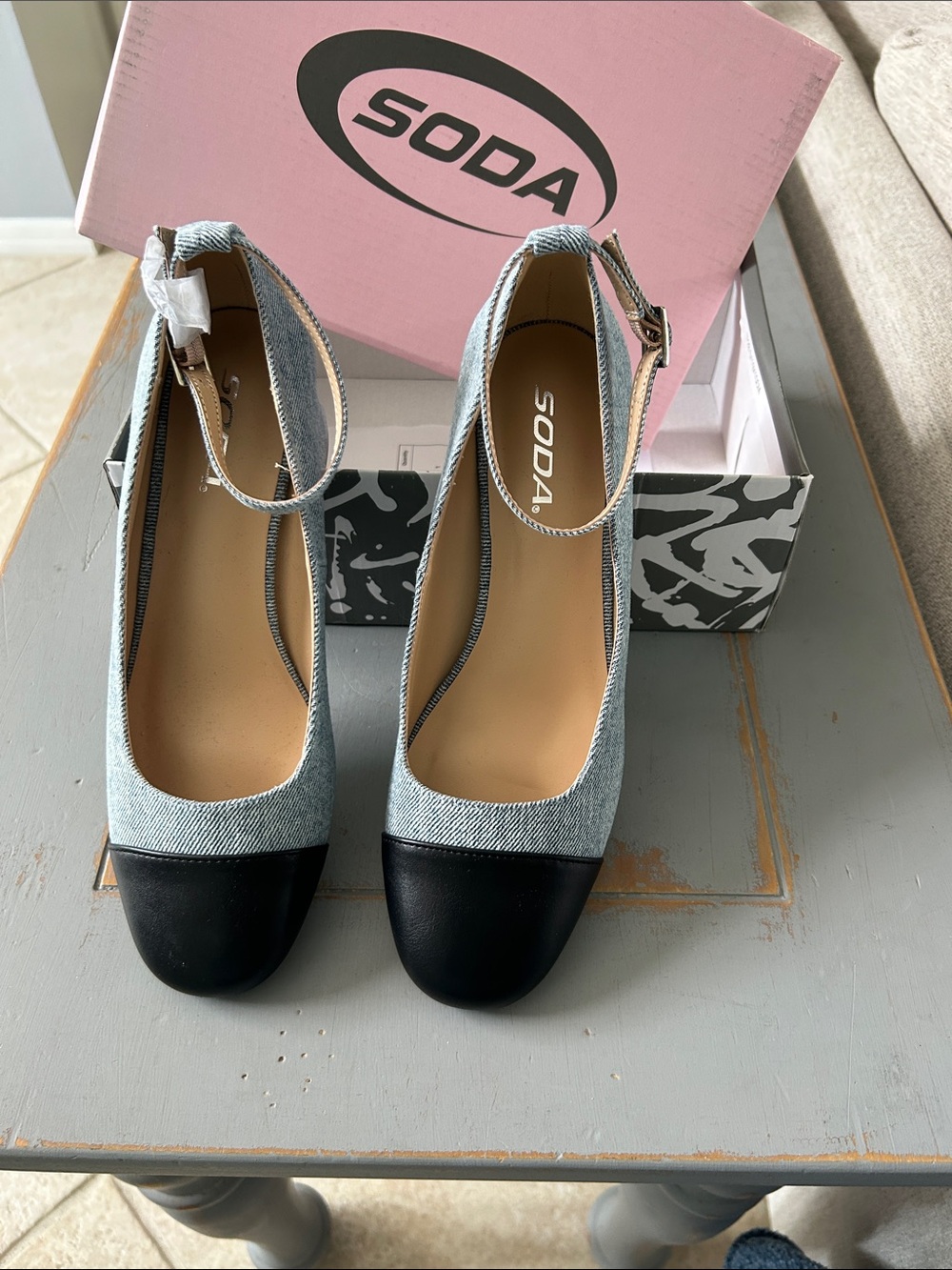 SODA Two-Tone Denim and Black Cap Toe Ankle Strap Pumps